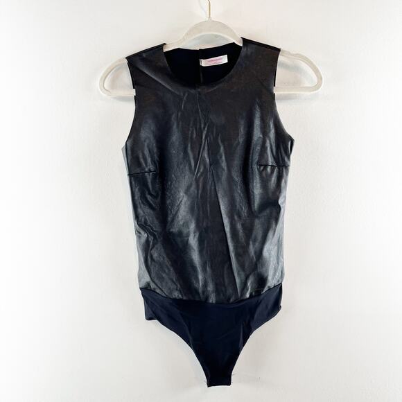 Commando Faux Leather Round Neck Sleeveless Bodysuit Black Small - Picture 3 of 4